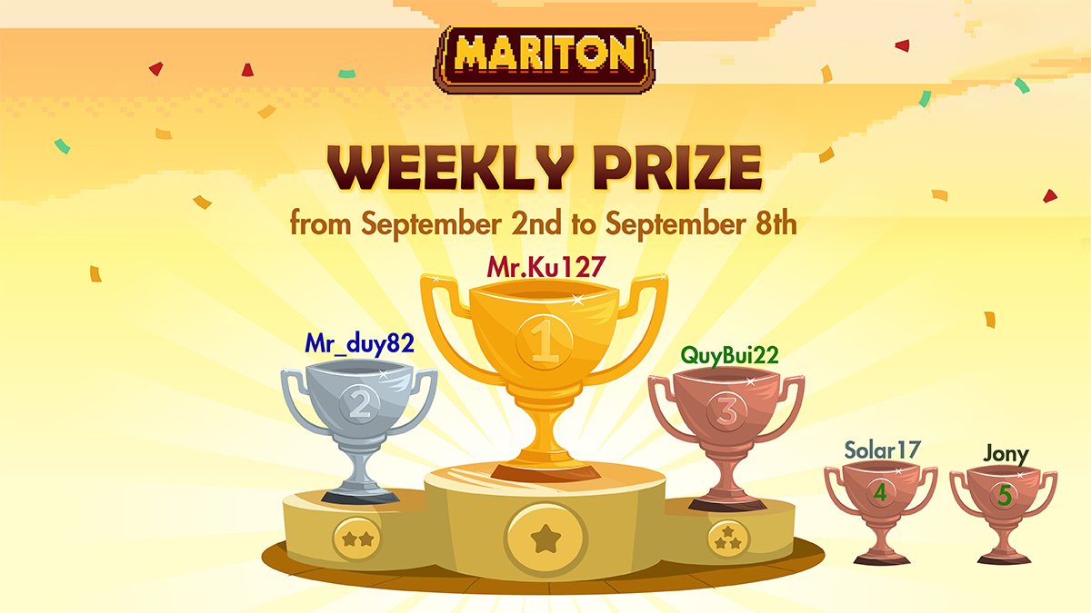 Mariton_game's tweet photo. 🚨 Weekly Winners Announcement 🚨

🎉 Weekly rewards for top $MRT miners from 00:00 UTC on Sep 2nd 2024 to 23:59 UTC on Sep 8th 2024 are here! 🎉

🥇 1st Place: 30 $TON  
🥈 2nd Place: 20 $TON  
🏅 3rd - 5th Places: 10 $TON each  

All rewards have been credited to the players' Mariton wallets at 00:00 UTC on Sep 9th 2024. 
Congrats to the winners🎮💰