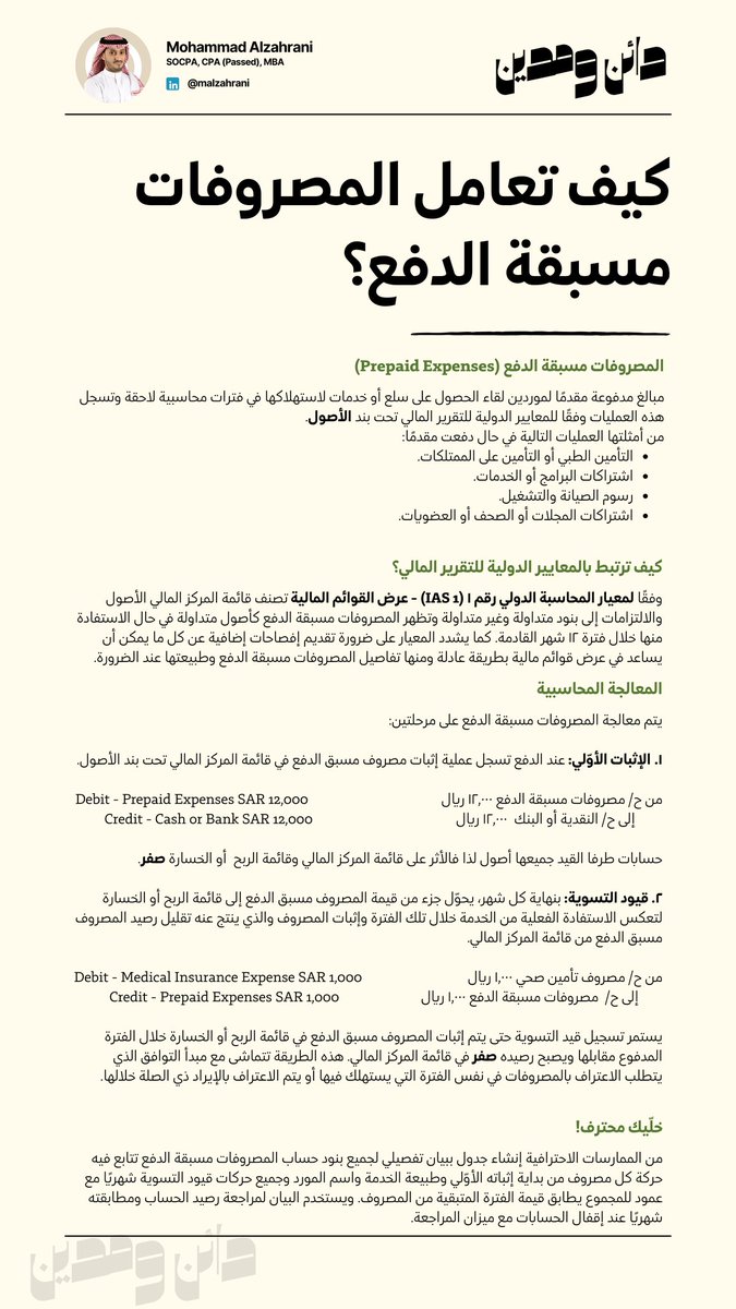 ملخص عملي من تصميمي للتعامل مع المصروفات مسبقة الدفع.