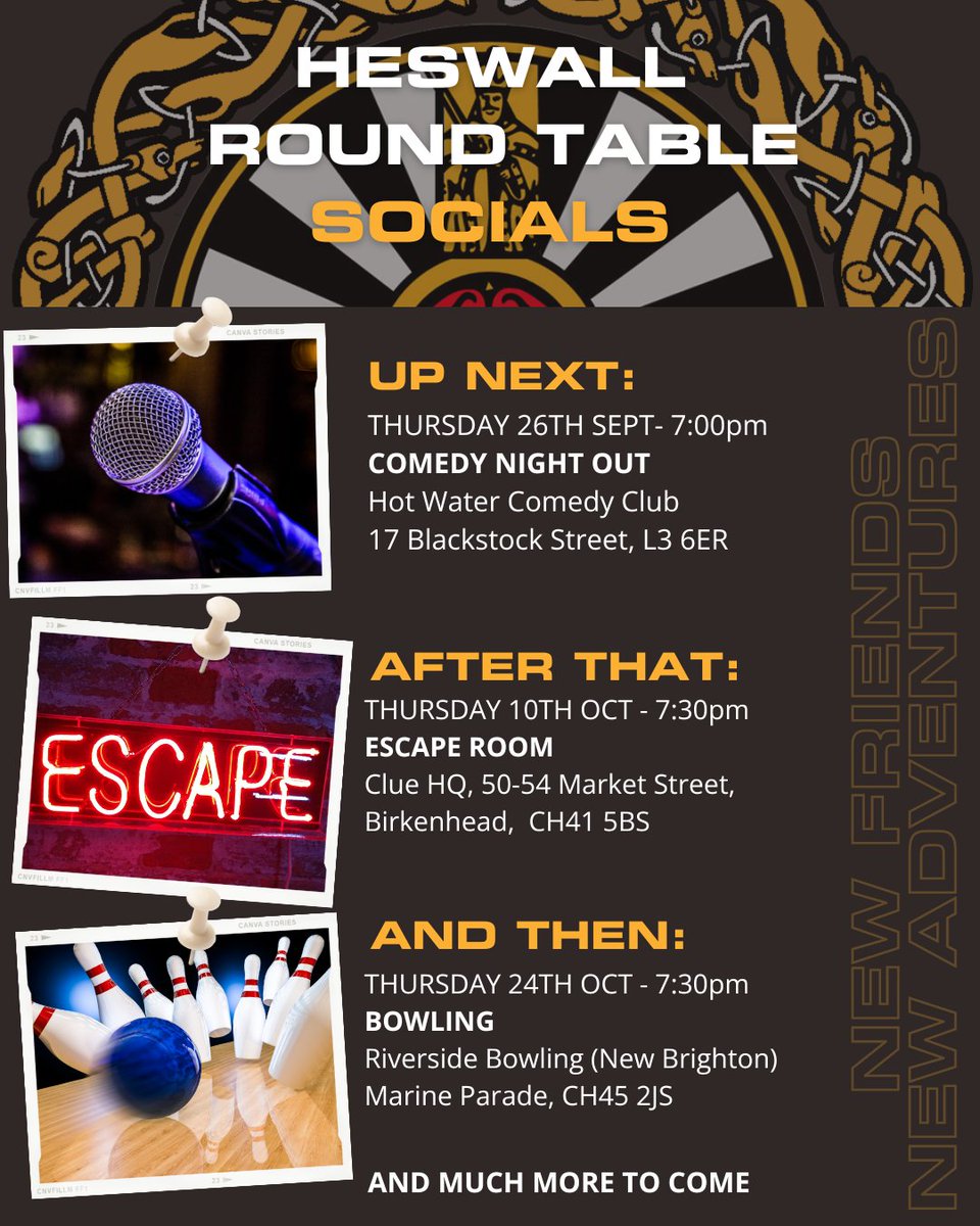 Missed our last event. 

Don't worry more are coming:

🎤😂 Comedy Night at Hot Water Comedy Club Liverpool

🃏🎲 Escape Room

🎳🏆 Bowling Challenge

New Guys Welcome - message 📨 our socials or visit heswallroundtable.com

#DoMore
#MeetNewPeople  
#NewFriendsNewAdventures