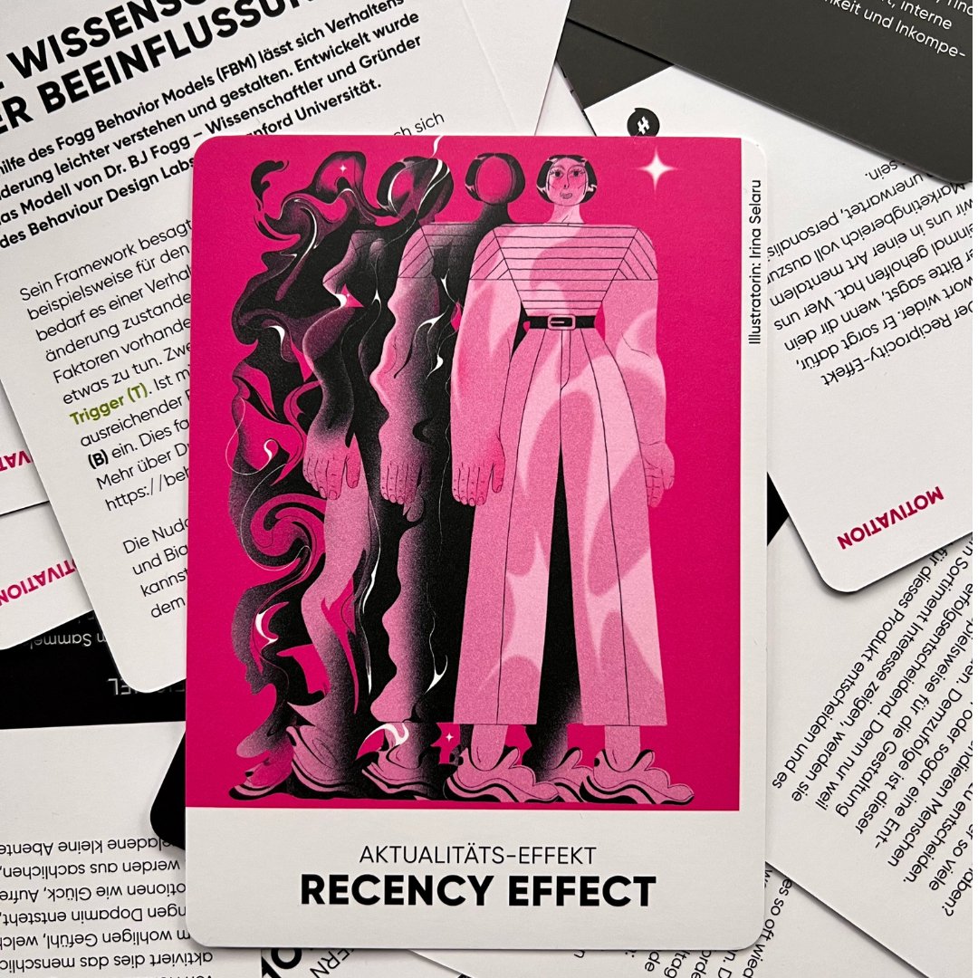This Nudging Card was designed based on the recency effect - a cognitive bias causing the end of a message to be remembered significantly better than before.   This phenomenon based on short term memory is expressed exceptionally in the illustration, with the closer figure