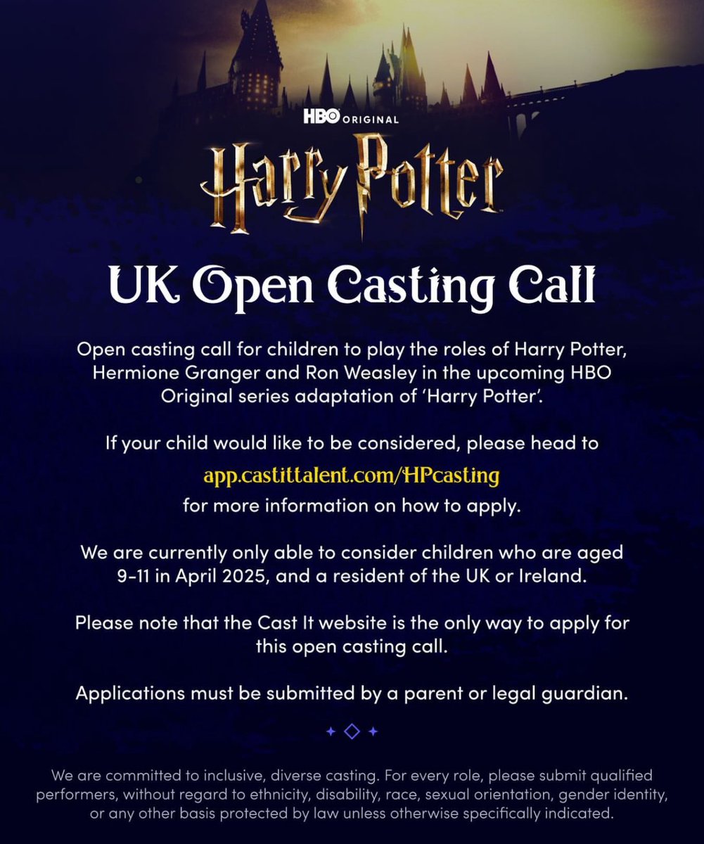 SeriesUpdateFR's tweet photo. Warner a lancé un appel au casting pour trouver les nouveaux Harry Potter, Hermione Granger et Ron Weasley pour la future série de HBO.🪄

Le tournage devrait débuter en 2025. https://t.co/gFe8pOy67w