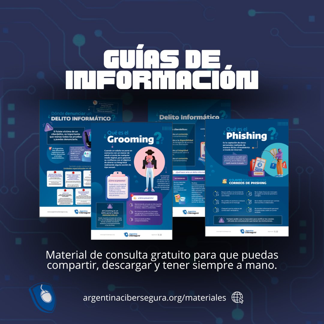 arg_cibersegura's tweet photo. 📌¿Sabías que tenemos materiales para que puedas descargar de manera gratuita y compartir en tu escuela o informarte? 😉

Todo lo que tenés que saber sobre Delitos Informáticos, Grooming, Phishing, Denuncias y más, lo encontrás en: https://t.co/4vVbwuWNRY https://t.co/grw9JuKEmp
