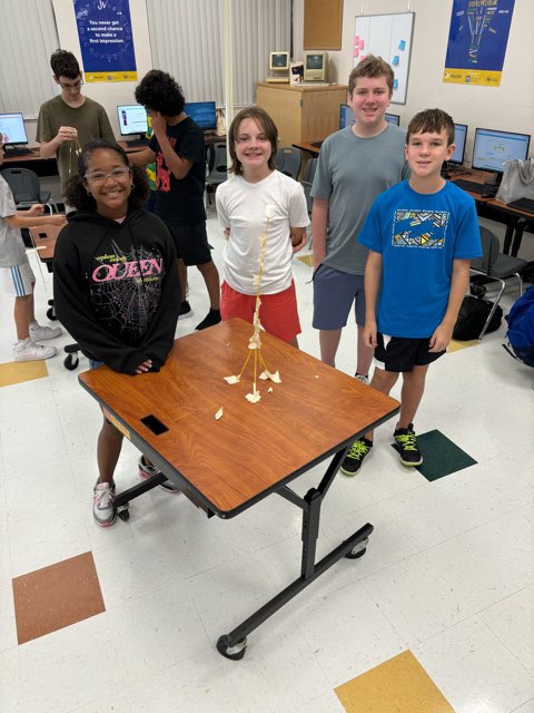 Students in Mr. Waraksa's Digital Discoveries class at Barrington MS learned about the problem-solving process through multiple attempts of building towers out of spaghetti &amp; tape. They needed to be strong enough to hold the weight of a marshmallow on top. The highest tower won!!