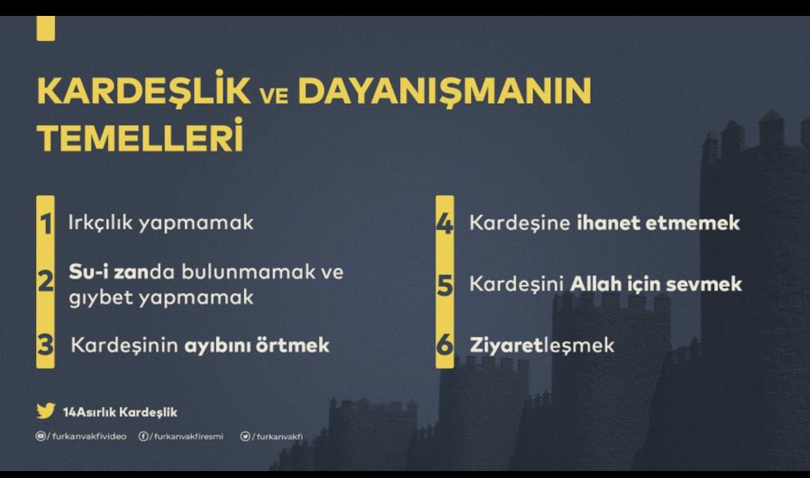 KARDEŞLİK ve DAYANIŞMANIN TEMELLERİ

1) Irkçılık yapmamak
2) Su-i zanda bulunmamak ve gıybet yapmamak
3) Kardeşinin ayıbını örtmek
4) Kardeşine ihanet etmemek
5) Kardeşini Allâh için sevmek
6) Ziyaretleşmek

Kardeşini ZiyaretEt
#Ziyâretleşiyoruz