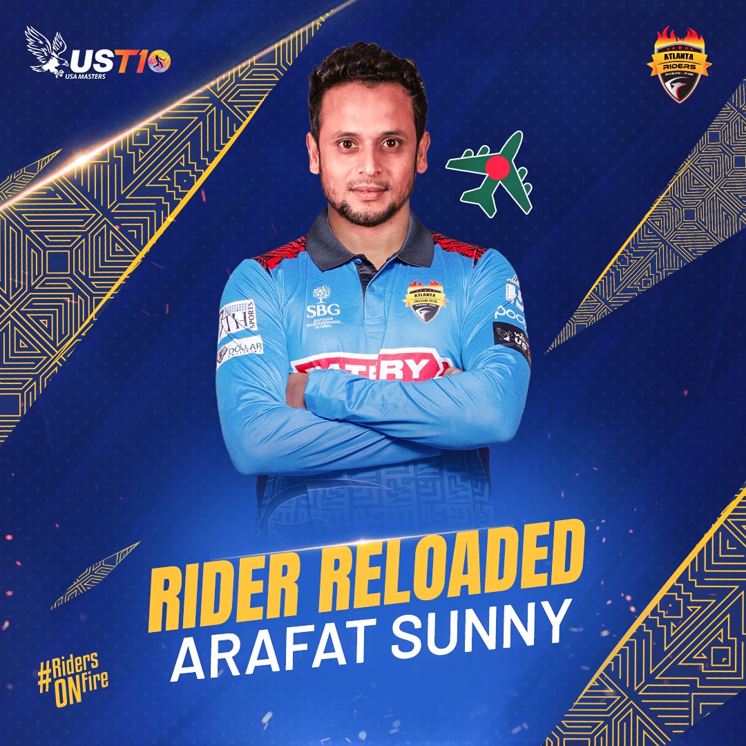 AtlantaRiders's tweet photo. Let The Wickets Tumble! ☝️

Welcoming Bangladeshi Master Left-Arm Spin Sensation Arafat Sunny to Atlanta Riders! 🔥

#RidersOnFire #USMastersT10 #T10league https://t.co/LHlqzTo0l3