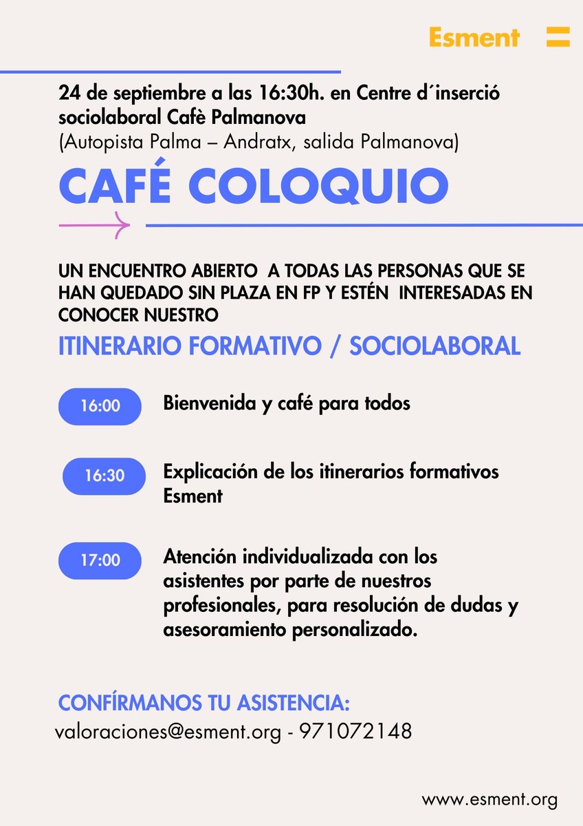esmentcomunidad's tweet photo. Esment ha organizado dos Café coloquio en septiembre: 
- 24/09 en Cafèl Palmanova
- 26/09 en Cafè Inca
Estos encuentros estan abiertos a cualquier persona que se ha quedado sin plaza en FP y está interesada en conocer nuestro itinerario Formativo / Sociolaboral.
¡Os esperamos! https://t.co/SqYrLgEWR0