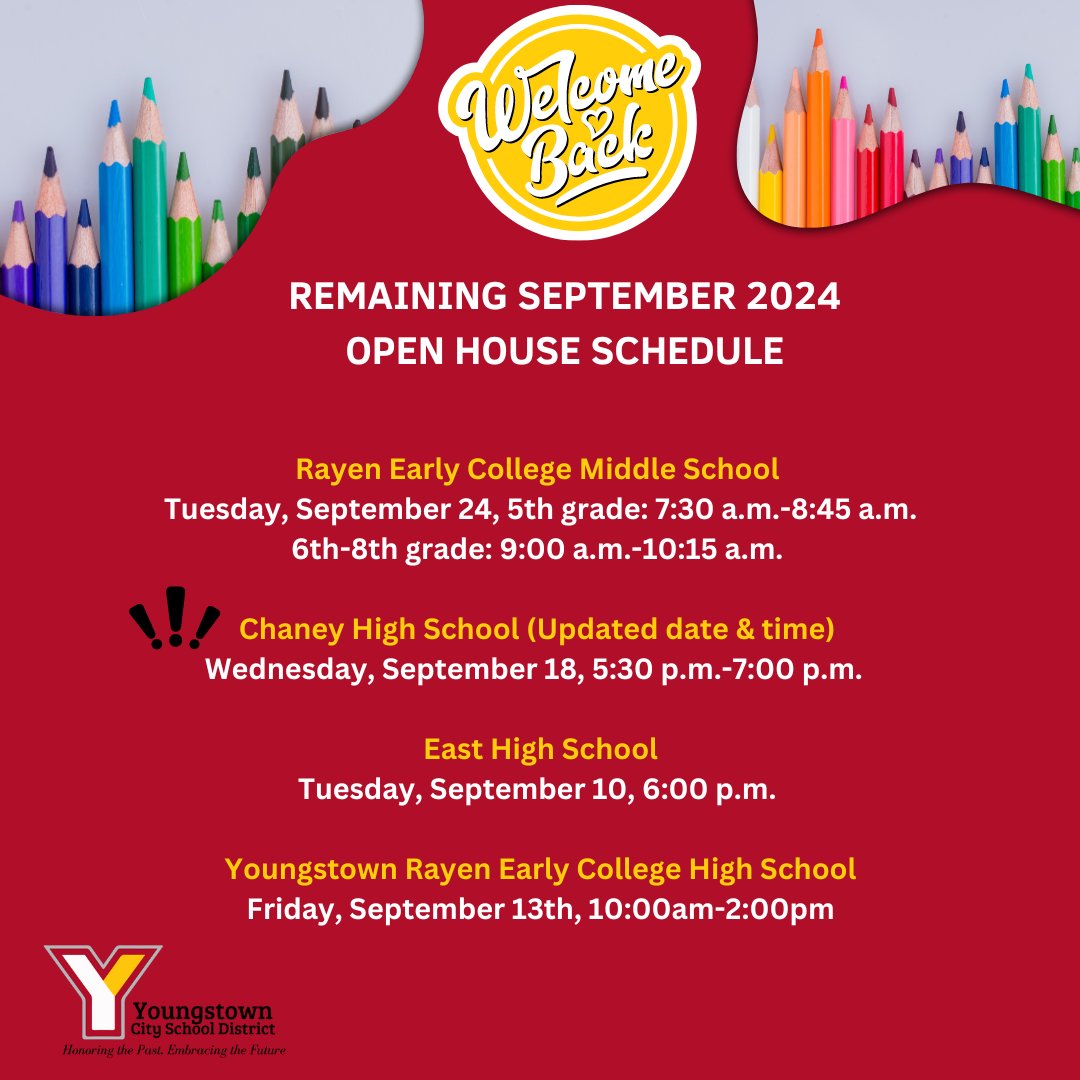 YtownSchools's tweet photo. We have a few open houses left for the month of September! Please note that Chaney High School's open house has now been moved to Wednesday, September 18, at 5:30 p.m. 🏫 https://t.co/Zu4VmLxPsD