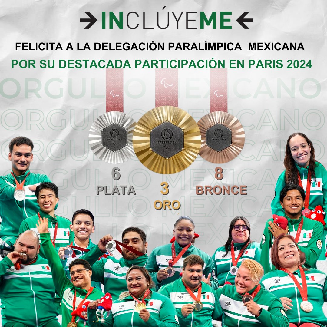 ¡En Fundación Inclúyeme nos sentimos muy orgullosos de la participación de la Delegación Paralímpica Mexicana!💪🏼

14 atletas #paralímpicos mexicanos conquistaron el podio en #París2024, logrando un total de 17 medallas 🏅✨.
 
¡Felicidades, campeones! 🥇🥈🥉