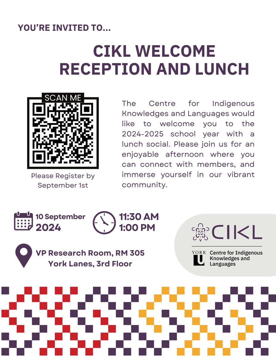 Just a reminder that our Welcome Reception and Lunch is being held tomorrow. Come and join us as we celebrate the start of our new year.

IMPORTANT NOTICE: The location of this event has changed to CIKL's boardroom, Room 353B.