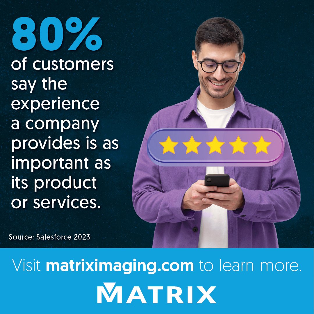 Matrix_1maging's tweet image. 80% of customers say experience is key! We believe in delivering an unforgettable experience. 
To learn more about how Matrix can help you improve the Customer experience, visit hubs.ly/Q02HKPWV0.
#MatrixImagingSolutions #CustomerService #Salesforce2023