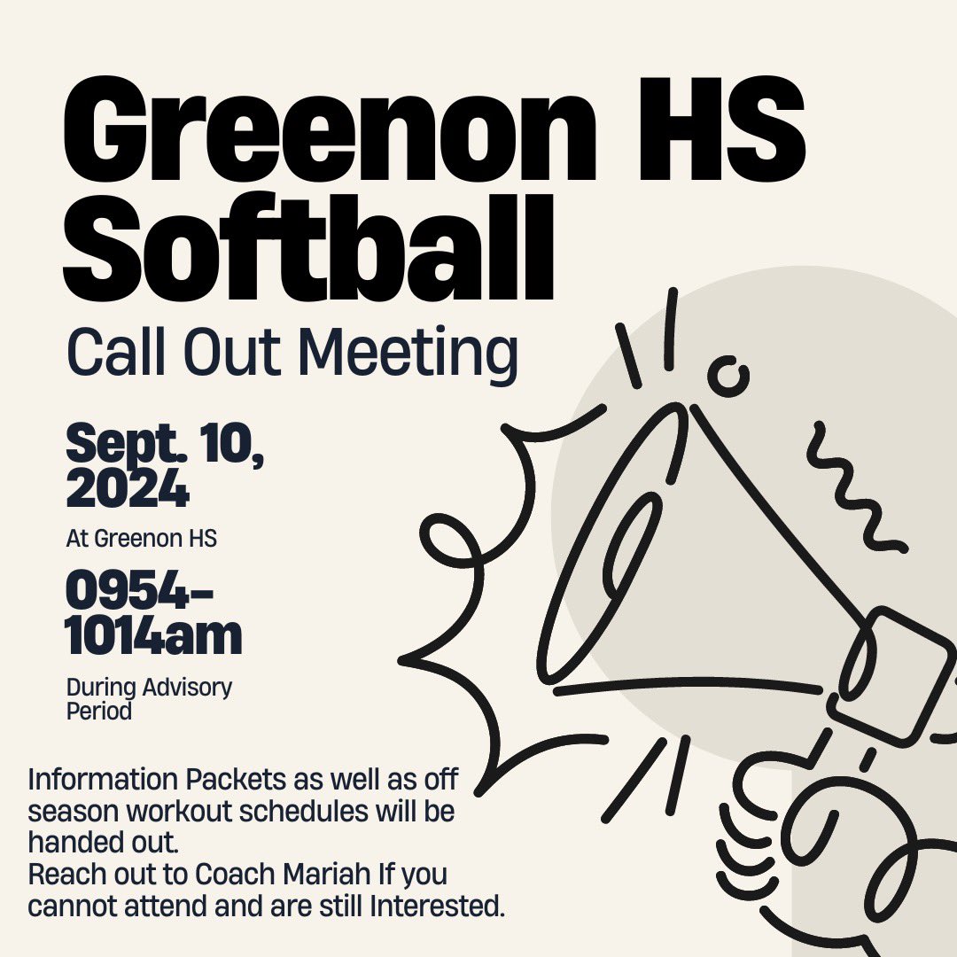 GreenonSB's tweet photo. If you or someone you know are interested in playing softball this year please come to the call out meeting tomorrow or reach out to me if you cannot make it! 

mcamden@greenonschools.org https://t.co/Y4AxFo1GVZ