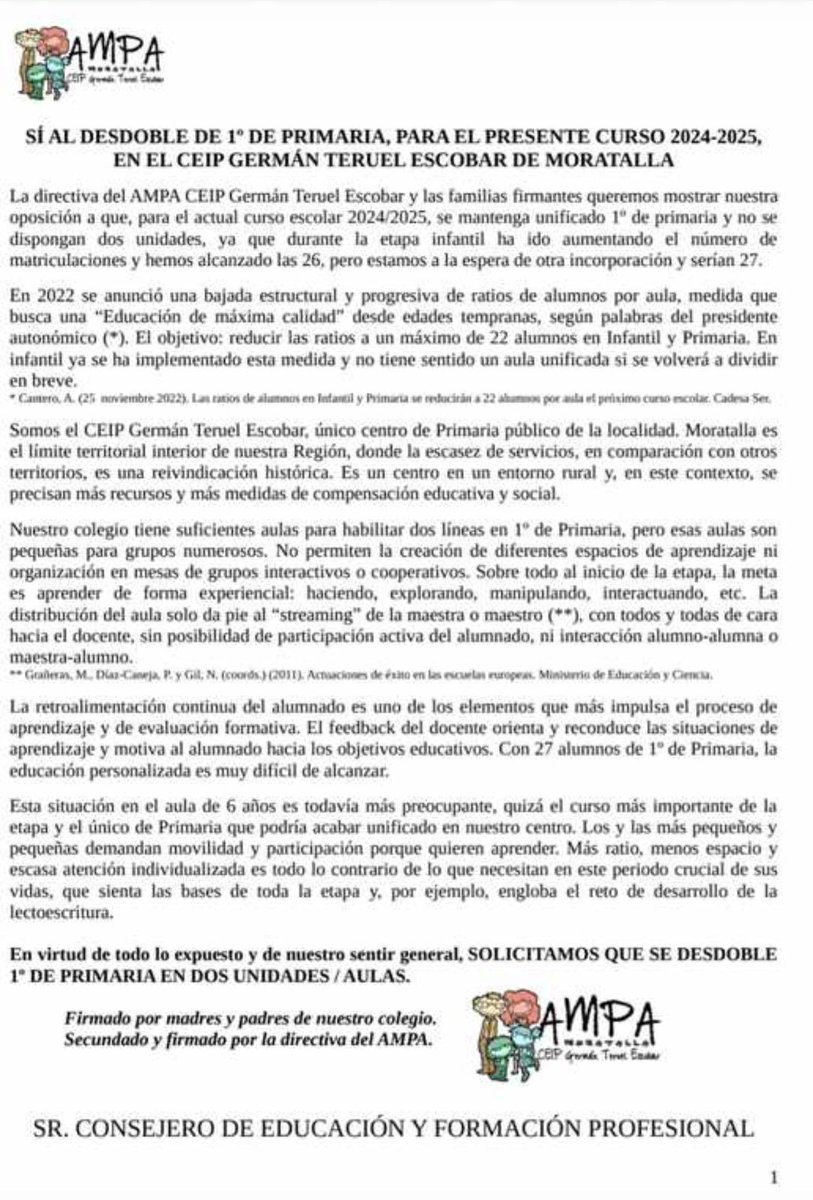 📣 Desde el PSOE de Moratalla, apoyamos firmemente la petición del AMPA del Colegio Germán Teruel para el desdoble de 1° de primaria. 

Es momento de defender y  priorizar el interés de nuestros hijos e hijas, por encima de cualquier interés económico

Lee la petición completa⤵️