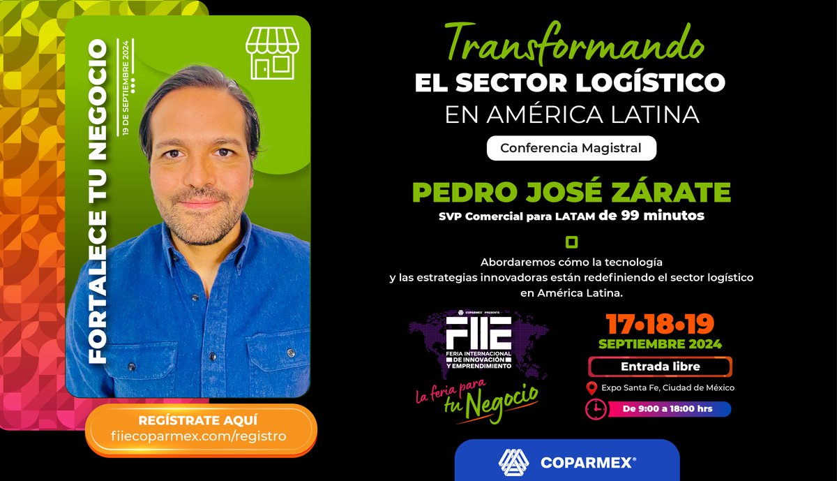 🚀 Estamos contentos de anunciar a Pedro José Zárate, SVP Comercial para LATAM de <a href="/99minutos/">99minutos.com</a> como ponente en nuestra #FIIE2024 🤩

📌 Súmate a la feria para tu negocio del 17 al 19 de septiembre en la <a href="/ExpoSantaFeMx/">Expo Santa Fe México</a>
🎟️ ENTRADA LIBRE ¡Regístrate aquí!: cpmx.me/FIIE24