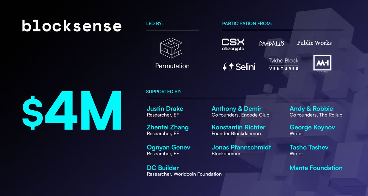 blocksense_'s tweet image. 1/9 We are very happy to share that weβve secured a seed round led by @permutation_co, with participation from @a16zcryptoβs CSX, @notscottmooreβs @publicworksfm, @TykheBV, @gametheorizingβs @SeliniCapital, @MH_Ventures and the stellar guys of @daedalus_angels.