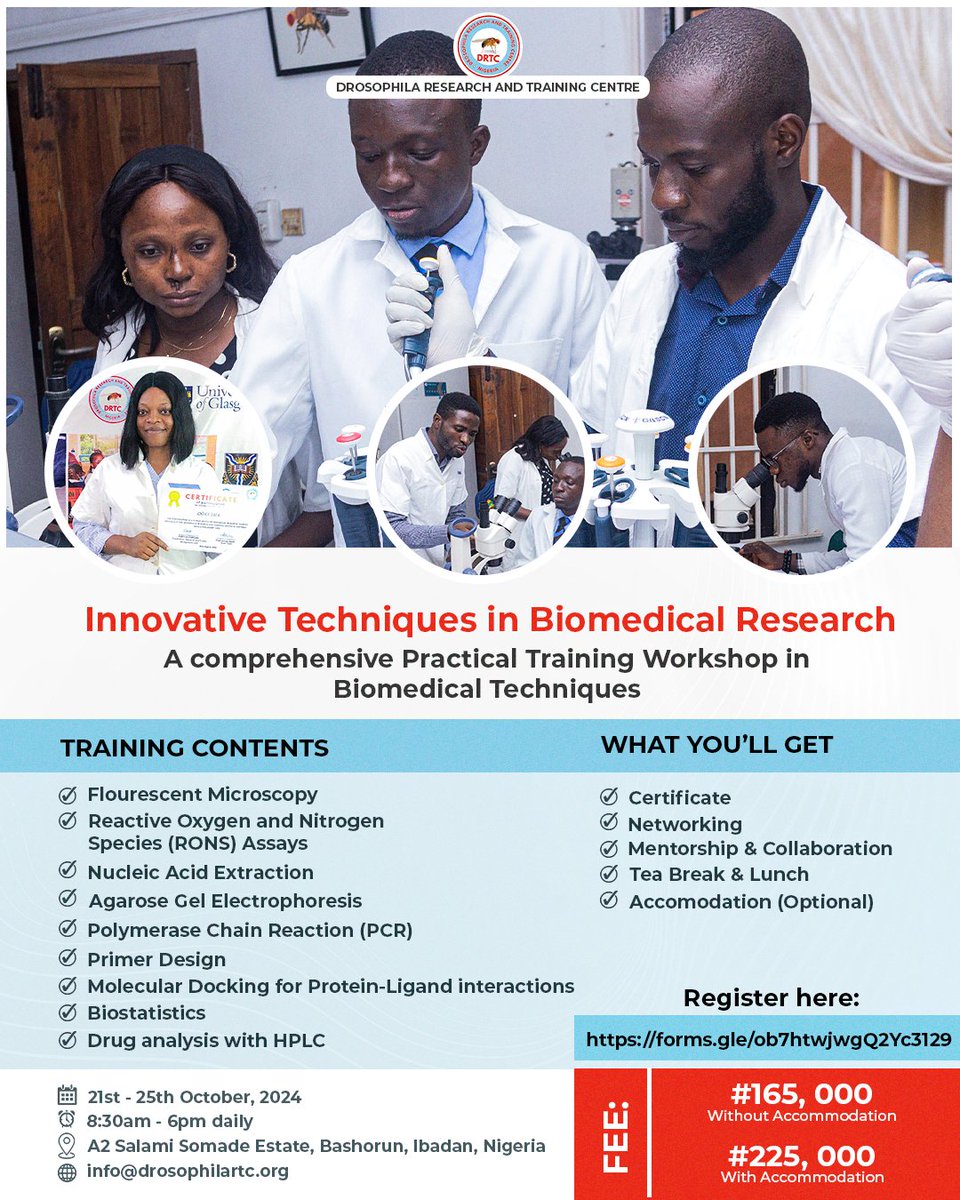 DrosophilaRTC's tweet image. Are you looking for an opportunity to gain practical skills in biomedical research? 
Join us for an intensive one-week hands-on training to gain research experience @DrosophilaRTC  
Register here: 
forms.gle/ob7htwjwgQ2Yc3…

#molecularbiology #HPLC #biomedical #RNA #DNA #research