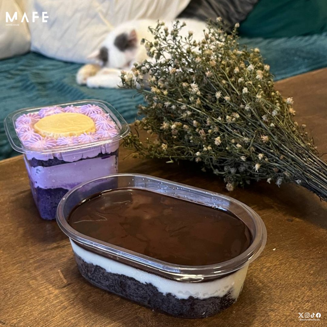 MAFECoffeeHouse's tweet photo. Brigadeiro Tub (three layers of moist, tender crumb, super chocolaty cake and a smooth, ooey-gooey fudgy brigadeiro frosting and filling) 🤎

Ube Cake with mini leche flan on top 

Available at MAFE Coffee House
Limited Stocks only! https://t.co/3SpL0HgKmq