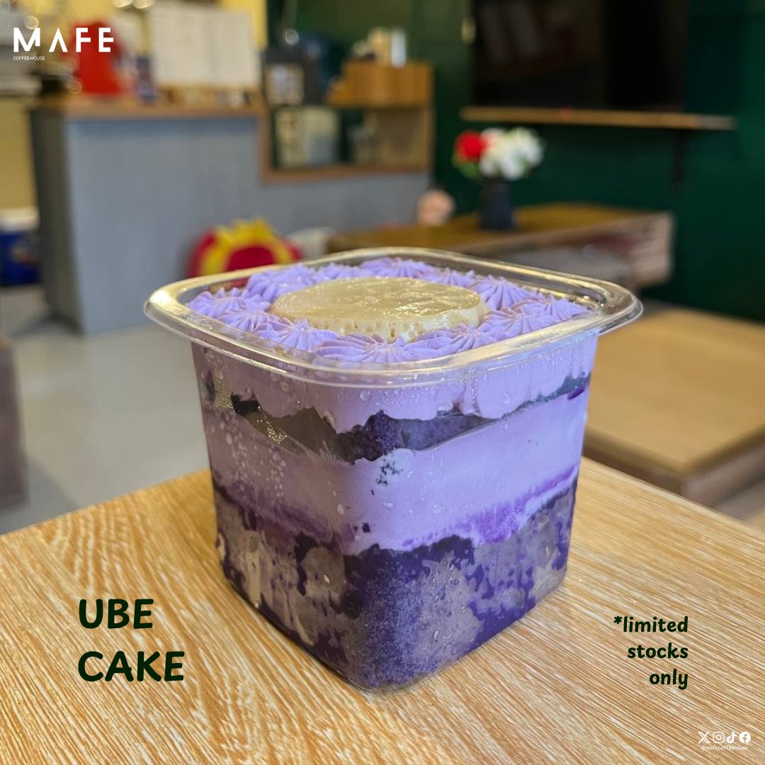 MAFECoffeeHouse's tweet photo. Brigadeiro Tub (three layers of moist, tender crumb, super chocolaty cake and a smooth, ooey-gooey fudgy brigadeiro frosting and filling) 🤎

Ube Cake with mini leche flan on top 

Available at MAFE Coffee House
Limited Stocks only! https://t.co/3SpL0HgKmq