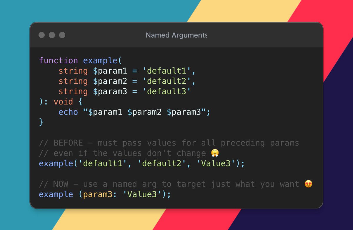 garyclarketech's tweet image. #PHP is so cool 😎 Named args are one of my fave features!

They shine when a function has lots of args with default values and you just need to change one..this was painful when we only had positional arguments 1️⃣ ❌ 3️⃣

Let me show you how it works 👇
garyclarketech.teachable.com/courses/learn-…