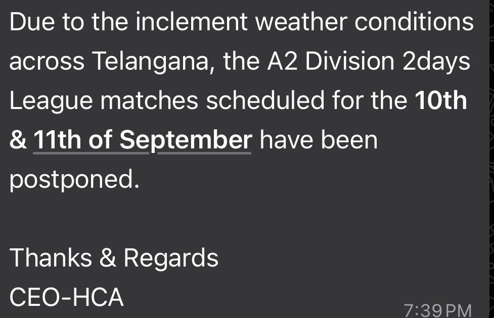 A9NEWSTODAY's tweet photo. Disappointed to hear that the League matches have been postponed despite clear weather ahead. Was looking forward to some exciting cricket! Hoping for a quick reschedule. #Cricket #Telangana #HCA https://t.co/oArL1yVyyS