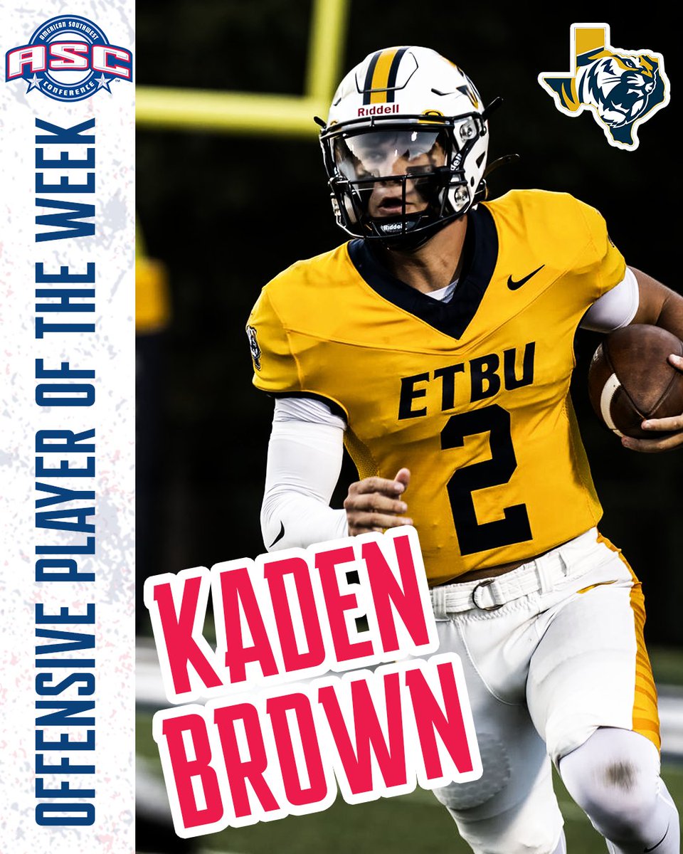 ASC_sports's tweet photo. FB | OFFENSIVE PLAYER OF THE WEEK
⭐KADEN BROWN⭐

#ascsports #ascfb #d3fb | @ETBU_Football https://t.co/bFvyfNaao6
