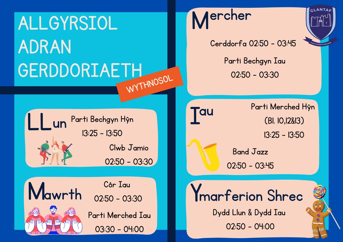 Nôl ati! 
Dyma ein amserlen eleni. 
Dyddiadau i nodi y tymor yma: 

📌 09/10 : Cerddorfa Clwstwr 🎻
📌 09/11 : Cyngerdd Cerddorfa Ysgolion Uwchradd 🎺
📌 19-21/11 : SIOEAU SHREC! 🧌
📌 19/12 : Cyngerdd Nadolig 🎄