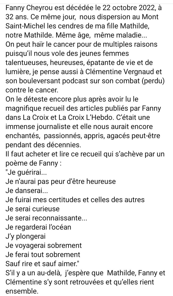 En hommage à une immense journaliste et à une belle jeune femme dont le cancer, encore lui, nous prive. Une raison de plus de le haïr et de souhaiter son élimination. Merci Fanny #Cheyrou <a href="/LaCroix/">La Croix</a>