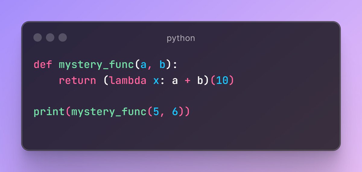Harss9oqj's tweet image. Can you guess what this "mystery_func" do?🤔
output:
1. 15
2. 11
3. 16
4. 10
#pythonpuzzle #Python #guesstheoutput