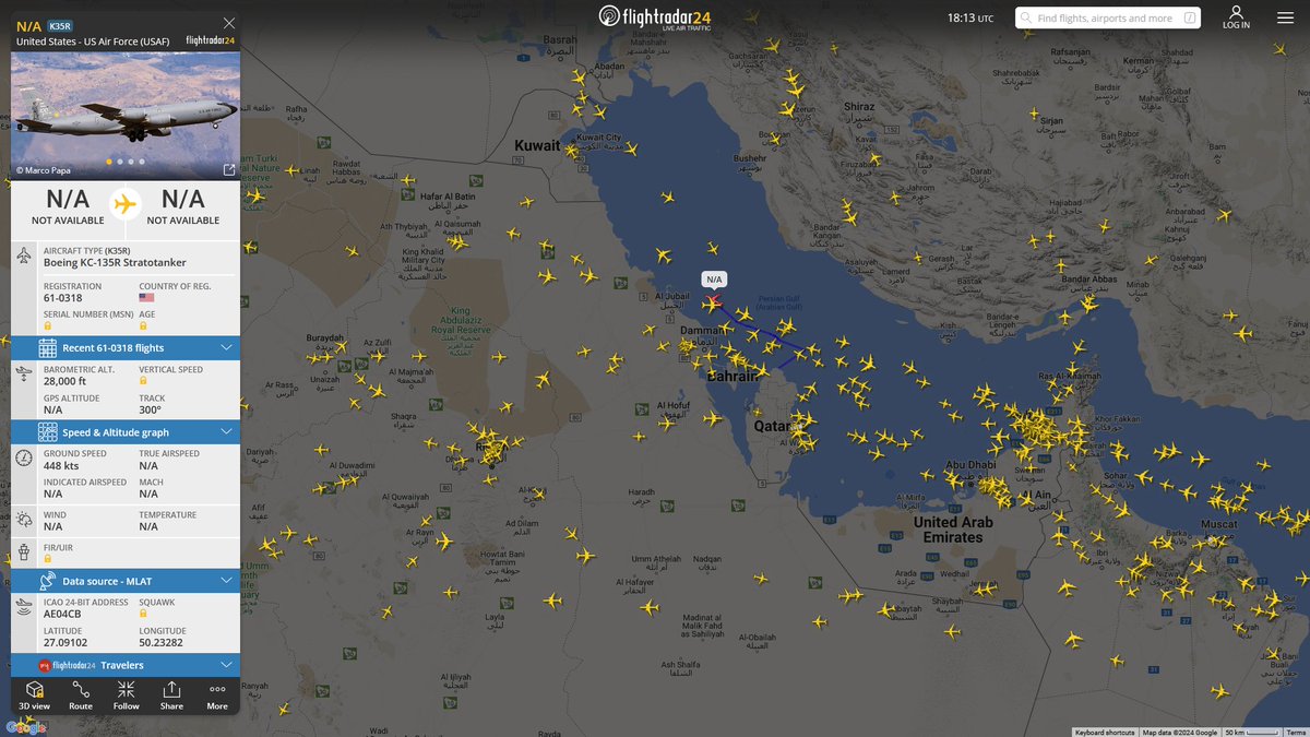 AIYeyENGDdJkjTr's tweet photo. Sept. 10, 2024
#Al-Udeid Air Base #Iraq

#NoCALLSIGN #AE04CB USAF KC-135R Stratotanker https://t.co/ZIRPbhXRmy