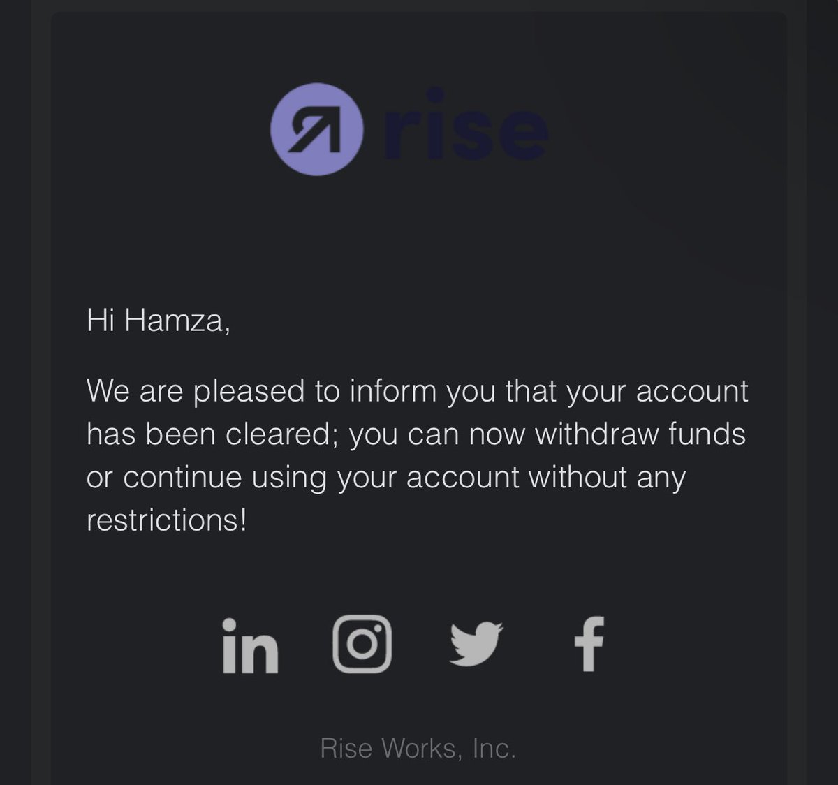 hamza_xau's tweet photo. Rise issue got cleared.
My account is enabled.
I was able to withdraw my funds ✅
@rise_pay https://t.co/37FJPLeVZm