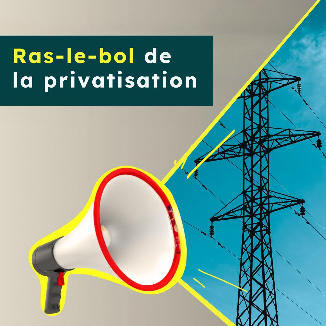 RAS-LE-BOL DE LA PRIVATISATION 
Le gouvernement Legault prétexte la transition énergétique pour privatiser Hydro-Québec.
Demandons une transition qui protège nos services publics.
Tous ensemble dans la rue le #27septembre pour la #SuiteduMonde pourlasuitedumonde.ca