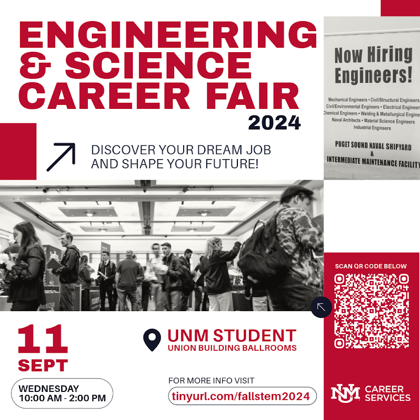 unmlobodeals's tweet image. 🚀🔬 Just 3 days until the Engineering &amp;amp; Science Career Fair! Career Services will host it this Wednesday, from 10 AM to 2 PM in the SUB. Resume workshops are available today and Tuesday in Building #85. 🌟 #ad #NMDailyLobo #EngineeringFair #ScienceCareers #UNM #JobFair #STEMJobs