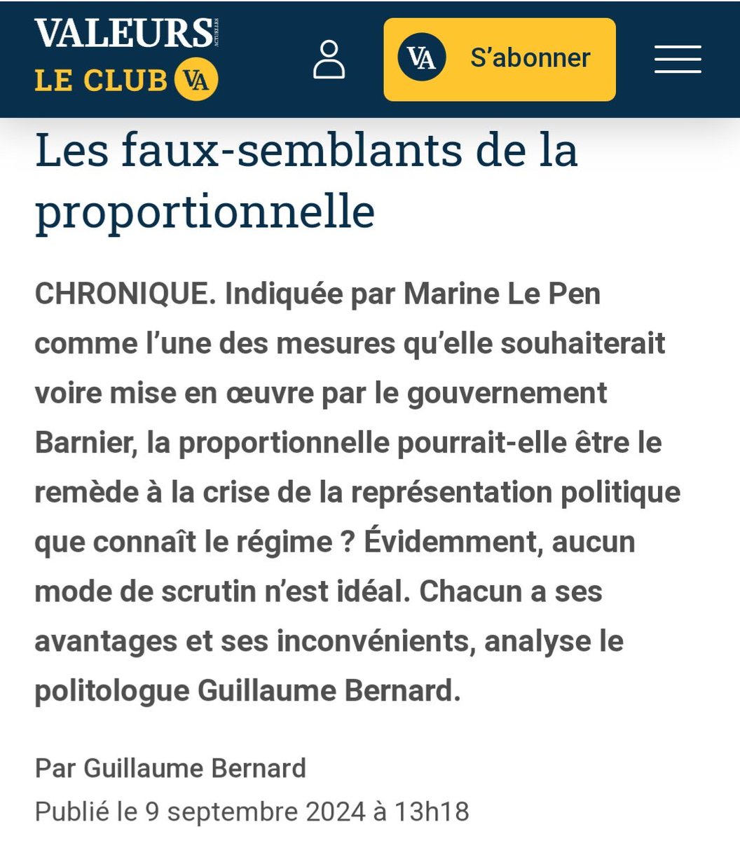 GB_GBernard's tweet photo. Le scrutin #proportionnel est-il aussi juste que cela est couramment affirmé ?
Pourquoi le scrutin majoritaire à un tour n'est-il pas envisagé en France ?
Ma chronique hebdomadaire dans @Valeurs.
➡️ https://t.co/hgjtsJc656
#proportionnelle https://t.co/2J77IWgUO5