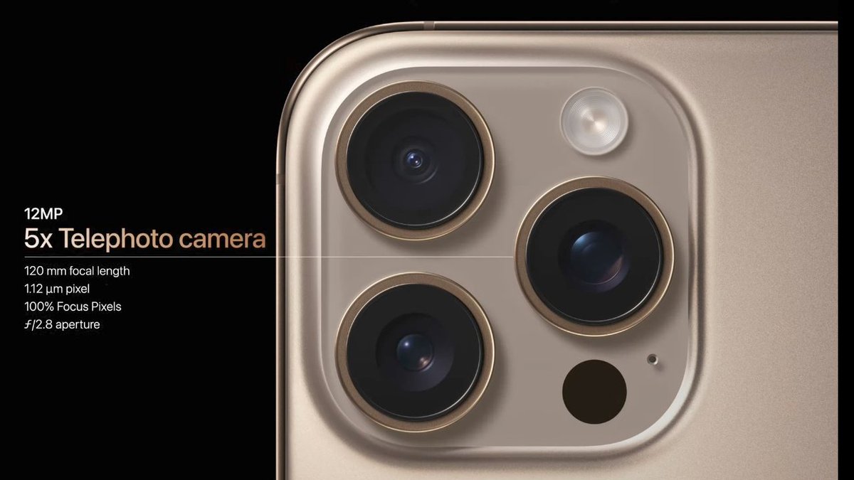 iPhone 16 Pro and 16 Pro Max camera specifications.

48MP main rear camera
48MP Ultrawide
12MP 5x Telephoto
#AppleEvent #AppleEvent24 #iPhone16Pro