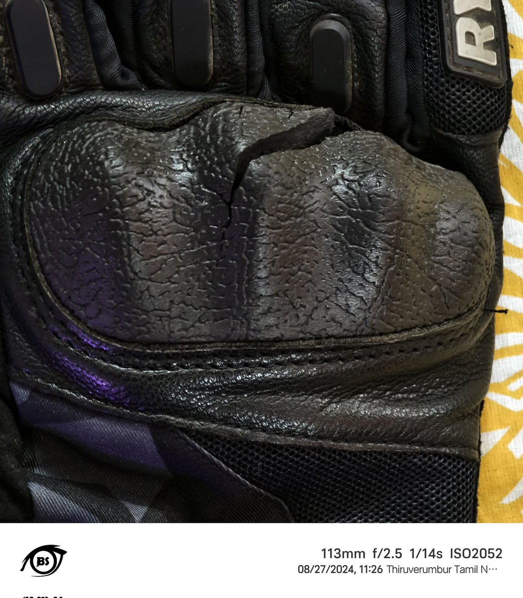 balusekars's tweet photo. @RynoxGears Team, Got riding gloves on Feb 22. I have used it rarely, say approx 6000 kms done with it. I store them in a safe place and use them with good care. Is this how it will wear out? Is the knuckle guard pasted with some adhesive? What would happen during an impact? https://t.co/UnH9qyV1qR