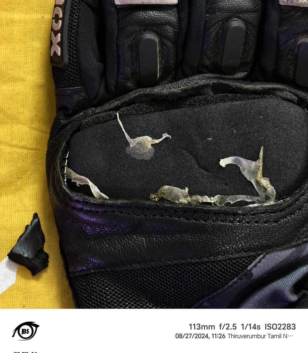 balusekars's tweet photo. @RynoxGears Team, Got riding gloves on Feb 22. I have used it rarely, say approx 6000 kms done with it. I store them in a safe place and use them with good care. Is this how it will wear out? Is the knuckle guard pasted with some adhesive? What would happen during an impact? https://t.co/UnH9qyV1qR