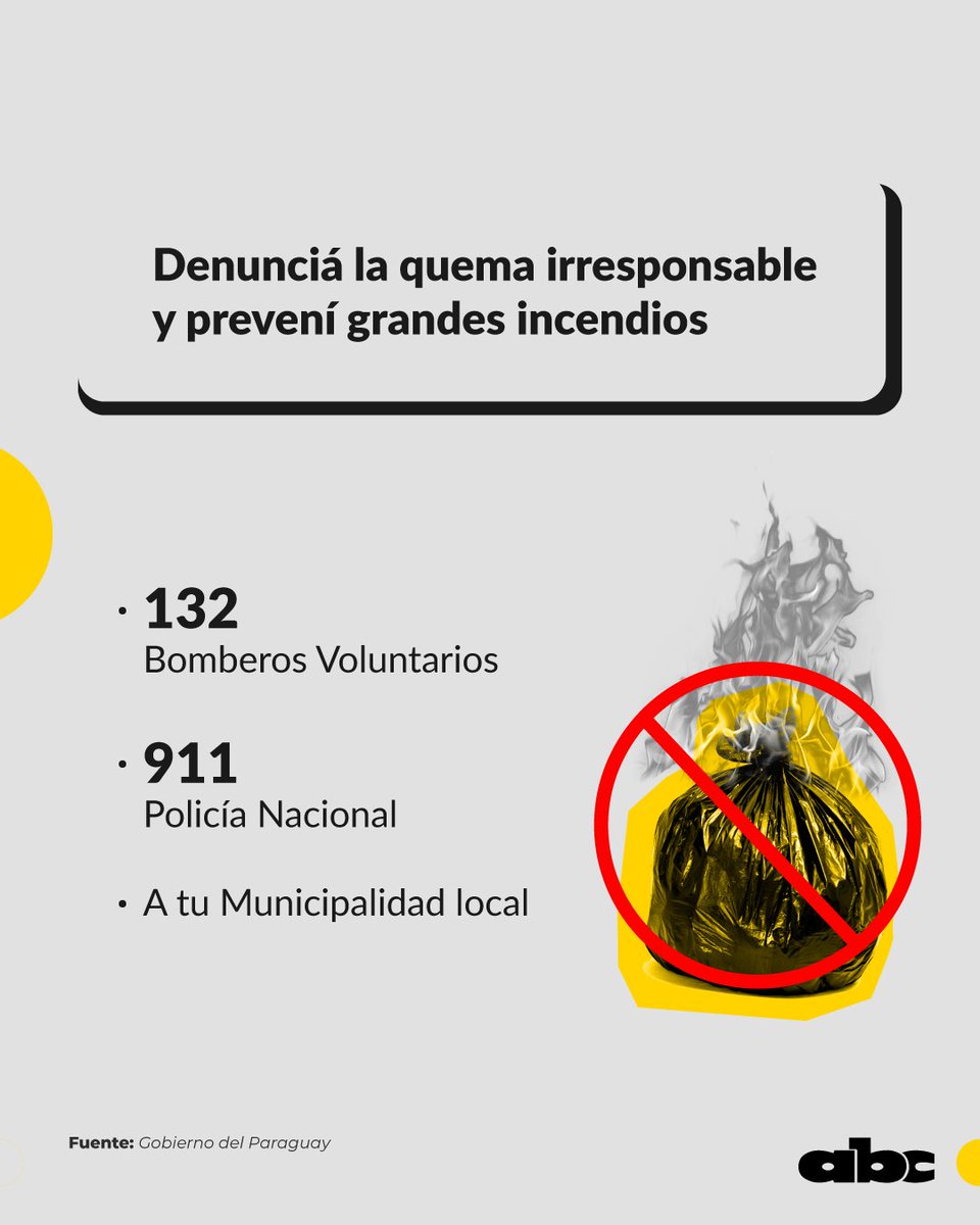 ABCDigital's tweet image. #AniRehaPy| Denunciá la quema irresponsable y prevení grandes incendios.
Compartimos contigo el número y los lugares a los que podés llamar para dar aviso.
Cuidemos nuestras áreas verdes: ¡#NoQuemesPy!
📲 abc.com.py