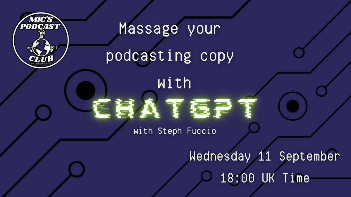 MIC’s Podcast Club (@micspodcastclub) on Twitter photo Podcasters!
Are you curious about how you can use AI to help you podcast?
This Wednesday at
<a href="/MICsPodcastClub/">MIC’s Podcast Club</a>
learn from Steph Fuccio from Coffeelike Media, who'll tell you all about how to use ChatGPT to create your podcast copy and more!
RSVP ⬇️
meetup.com/micpod/events/… Podcasters!
Are you curious about how you can use AI to help you podcast?
This Wednesday at
<a href="/MICsPodcastClub/">MIC’s Podcast Club</a>
learn from Steph Fuccio from Coffeelike Media, who'll tell you all about how to use ChatGPT to create your podcast copy and more!
RSVP ⬇️
meetup.com/micpod/events/…
