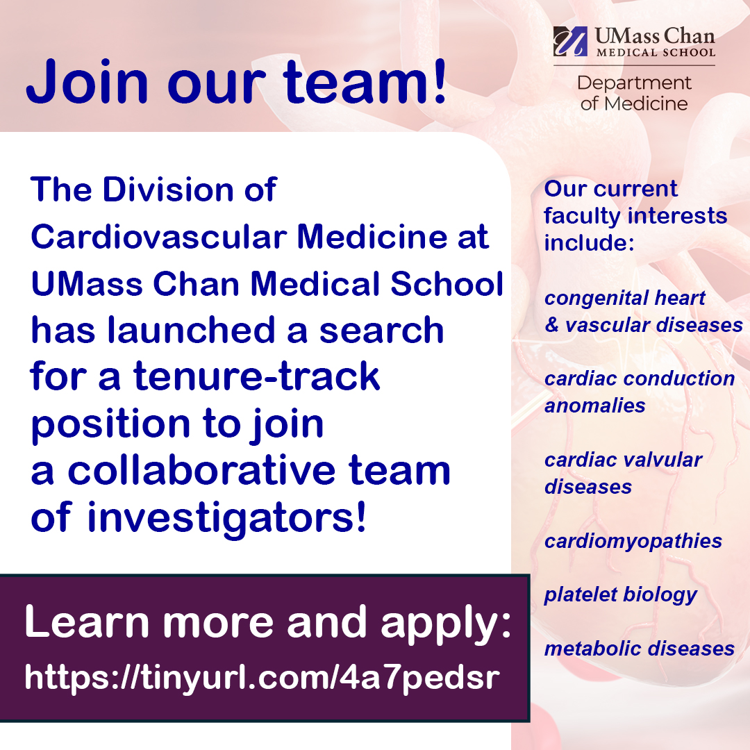 Join our collaborative team of investigators! The Division of Cardiovascular Medicine in the Department of Medicine at UMass Chan Medical School is now accepting applications for a tenure-track faculty position. Learn more and apply: tinyurl.com/4a7pedsr