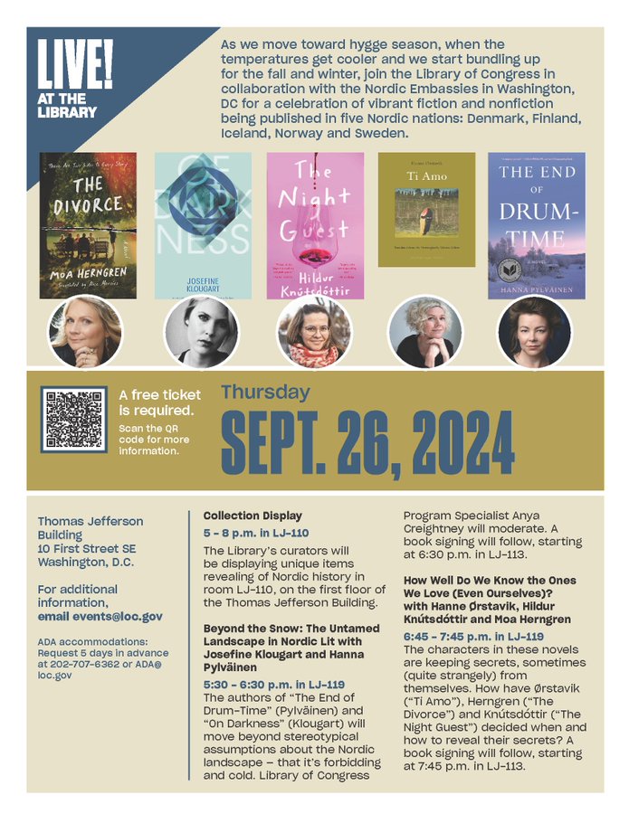 The Nordic embassies in cooperation with <a href="/librarycongress/">Library of Congress</a> invite you to "A Celebration of Nordic Writers" where 5 Nordic authors (including 🇮🇸 @hildurknuts) will talk about their work on Thursday, September 26, at <a href="/librarycongress/">Library of Congress</a>. 
Get your tickets here: bit.ly/3MCkbBN
