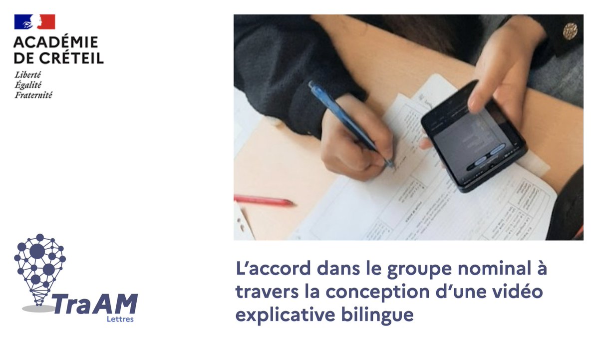 Lettres_edu_num's tweet photo. 🧑💻 #TraAMLettres | #Collège
🔷 « L’accord dans le GN à travers la conception d’une vidéo explicative bilingue » : un scénario #TraAM @AcCreteil pour une approche contrastive des langues en collège par les élèves #allophones sur un point de grammaire
👉 https://t.co/TtPf8XZGws https://t.co/njG0gjohFS