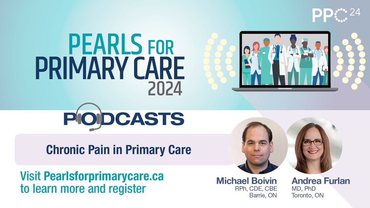 PPCconference's tweet image. By popular demand! Our newest #PearlsForPrimaryCare podcast covers chronic pain management, one of the top requested topics from 2023 Pearls for Primary Care conference attendees. 🩺 Listen to Dr. Andrea Furlan and Michael Boivin for expert insights you won’t want to miss!…