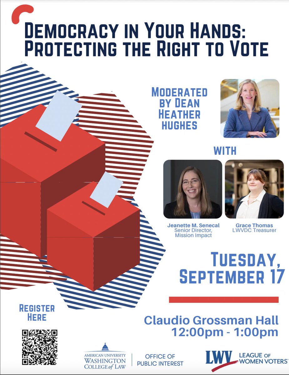 Come join AUWCL's Marshall Brennan Chapter, along with the Office of Public Interest and League of Women Voters, on September 17th to learn about pressing issues leading up to the 2024 Election! Register with the QR code or here at: bit.ly/4gmaoxB