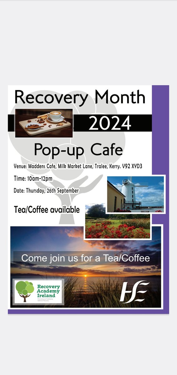 Mark Wright (@markwright087) on Twitter photo Here are just some of the pop up cafes that are taking place across the Cork and Kerry regions for recovery month 2024 💜
Feel free to retweet and carry the message.
#community #harmreduction #recoverycapital
<a href="/cldatf/">Cork Drug & Alcohol Task Force</a> <a href="/CoolmineTC/">Coolmine</a> <a href="/drugsdotie/">HSE Drugs.ie</a> <a href="/HSEprimarycare/">HSE Primary Care</a> <a href="/CorkKerryCH/">Cork Kerry Community Healthcare</a> <a href="/lircafe/">Lir Cafe</a> Here are just some of the pop up cafes that are taking place across the Cork and Kerry regions for recovery month 2024 💜
Feel free to retweet and carry the message.
#community #harmreduction #recoverycapital
<a href="/cldatf/">Cork Drug & Alcohol Task Force</a> <a href="/CoolmineTC/">Coolmine</a> <a href="/drugsdotie/">HSE Drugs.ie</a> <a href="/HSEprimarycare/">HSE Primary Care</a> <a href="/CorkKerryCH/">Cork Kerry Community Healthcare</a> <a href="/lircafe/">Lir Cafe</a>