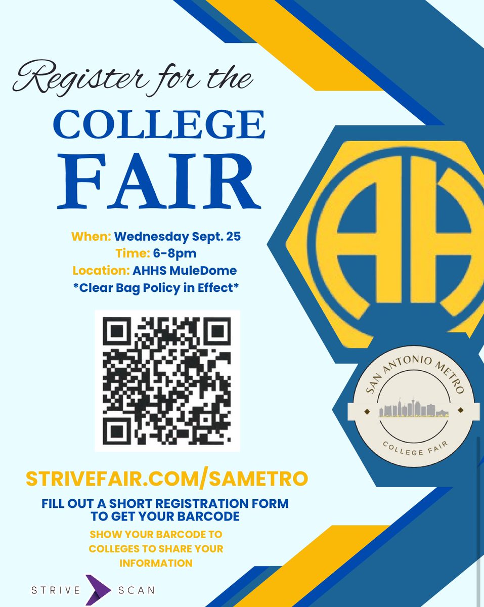 16 Days til #College Fair!
We have colleges coming from #Texas, out-of-state, #Spain &amp; #England, #military options, trade schools, <a href="/AlamoColleges1/">Alamo Colleges District</a> / Promise &amp; more! See you on 9/25, 6-8pm in the <a href="/AHHSmules/">AHHS Mules</a> Muledome!

Students, can the QR code to RSVP via <a href="/StriveScan/">StriveScan</a>!
<a href="/AHISD/">Alamo Heights ISD</a> #CCMR