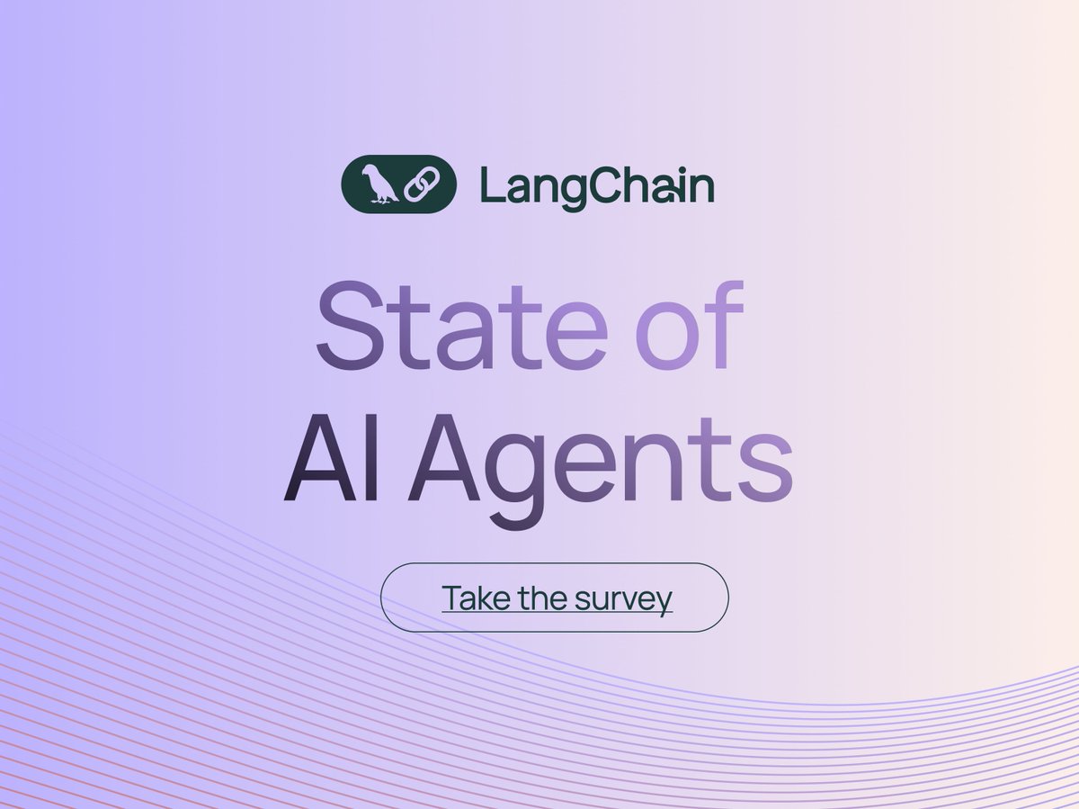 LangChainAI's tweet image. Calling all developers: We want to hear how you&apos;re using AI agents - whether it&apos;s a juicy use case or your biggest challenge when going to production.

Take our State of AI Agents survey below to share your thoughts &amp;amp; get a chance to win swag or a $250 gift card:…