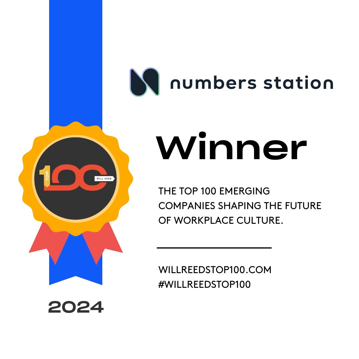 🏆 What a win!! Out of 3,500+ eligible emerging B2B tech companies, <a href="/NumbersStnAI/">Numbers Station AI</a> has been awarded the #40 spot in Will Reed's Top 100 Class of 2024, built in conjunction with <a href="/PitchBook/">PitchBook</a>.

#WillReedsTop100
willreedstop100.com/winner40-numbe…