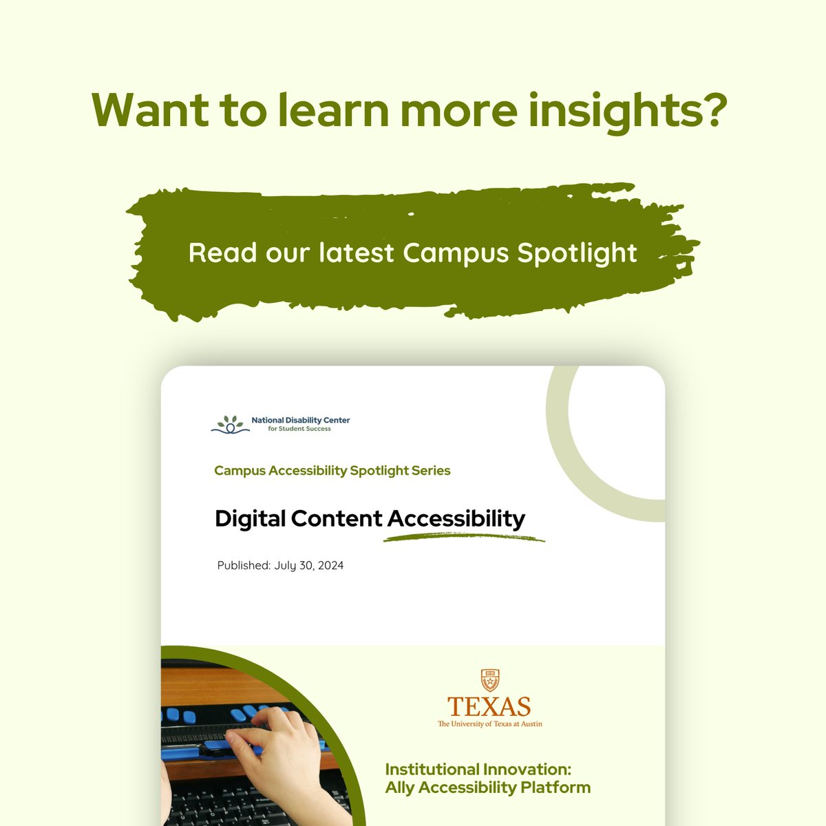 National Disability Center for Student Success (@natldisability) on Twitter photo Accessibility isn't just compliance—it's a necessity. Our latest Campus Spotlight features <a href="/UTAustin/">UT Austin</a> and how Ally Accessibility Platform helped overcome digital content accessibility challenges.
Read more: nationaldisabilitycenter.org/resources/case…
#Disability #Accessibility #HigherEducation Accessibility isn't just compliance—it's a necessity. Our latest Campus Spotlight features <a href="/UTAustin/">UT Austin</a> and how Ally Accessibility Platform helped overcome digital content accessibility challenges.
Read more: nationaldisabilitycenter.org/resources/case…
#Disability #Accessibility #HigherEducation