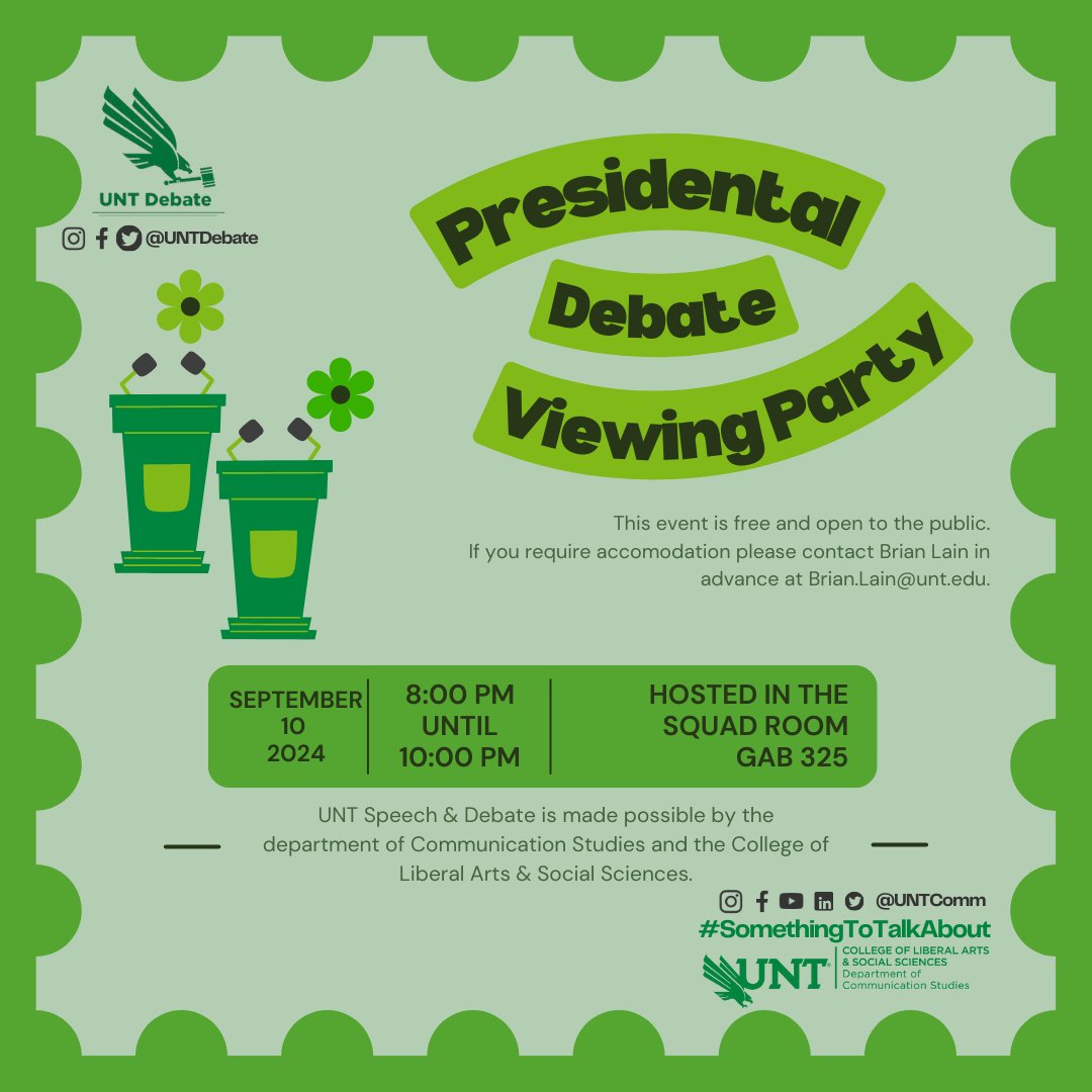 UNTComm's tweet photo. Join UNT Speech &amp; Debate tomorrow in the Debate Squad Room, GAB 325, for a presidential debate watch party! This event is free and open to the  public. https://t.co/nMaaKnC7Vo