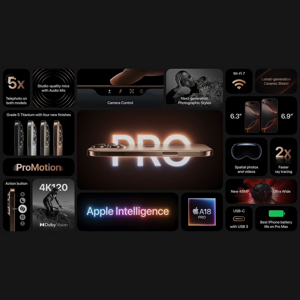 techsantos's tweet image. 💥Nuevo iPhone 16 Pro
- Pantalla más grande al hacer más delgados los bordes de 6.3 y 6.9 pulgadas
- Nueva textura en el titanio con nuevos colores: Negro, Titanio blanco, Titanio Natural y Titanio Desierto.
- Mejor duración de batería
- Nuevo A18 Pro con 16 core
- Nueva cámara