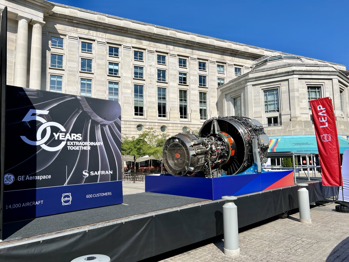 GE_Aerospace's tweet photo. The LEAP roadshow has launched! Its first stop: Woodrow Wilson Plaza in Washington, DC, for tomorrow’s U.S. Chamber of Commerce event. 

As we celebrate the 50th anniversary of @CFM_engines, we are are excited to showcase the CFM LEAP engine during the Global Aerospace Summit. 

And stay tuned for more dates as the LEAP roadshow makes its way through the Northeast, Midwest and South. 

#CFM50Years #aviation #CFMLEAP